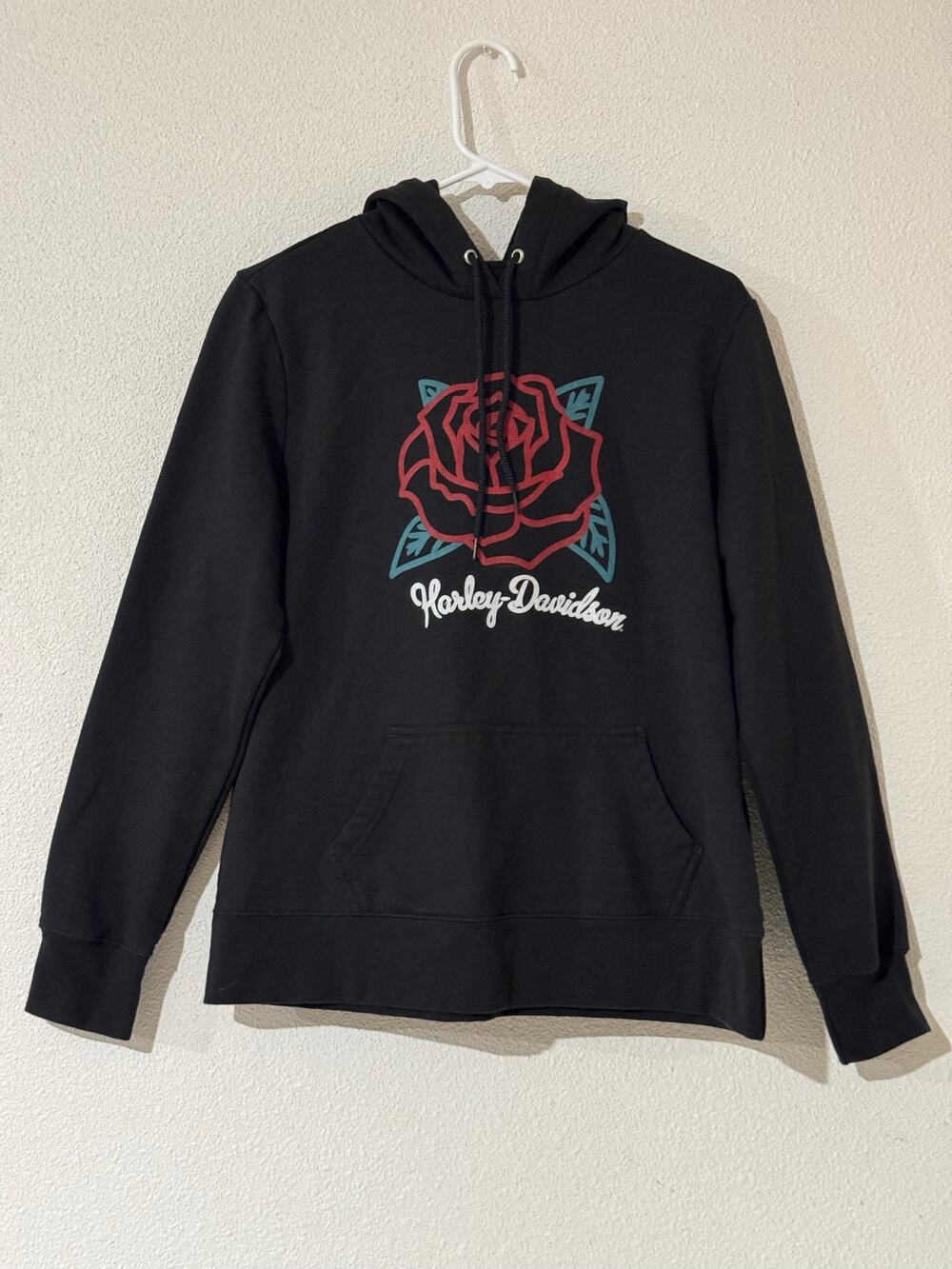 Harley Davidson Dubuque Iowa Rose Graphic Pullover Hoodie Black Lg Y2K Grunge